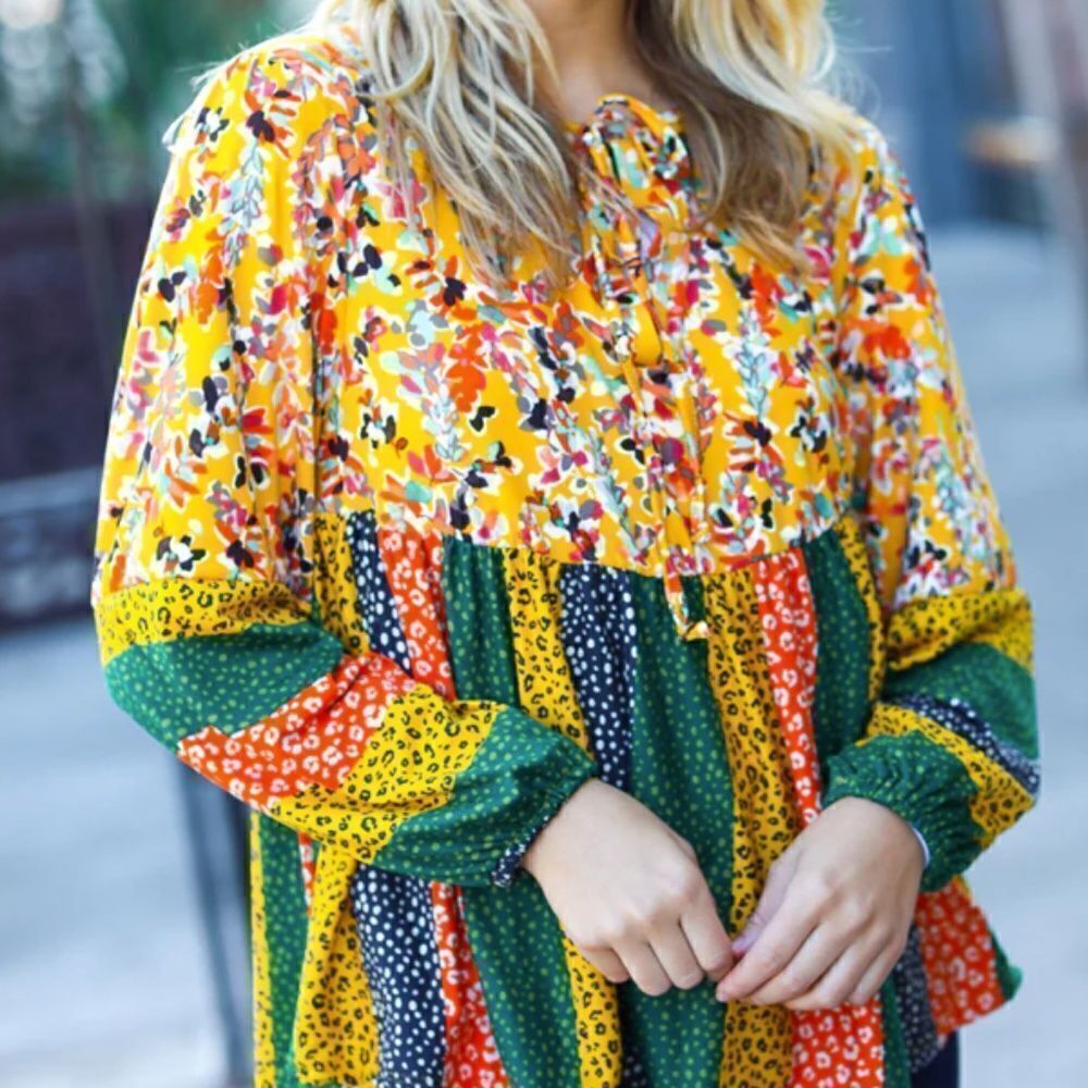 Boho Baby Doll Tie Front Long Sleeve Women's Shirt Colorblock Floral Top - Picture 3 of 4